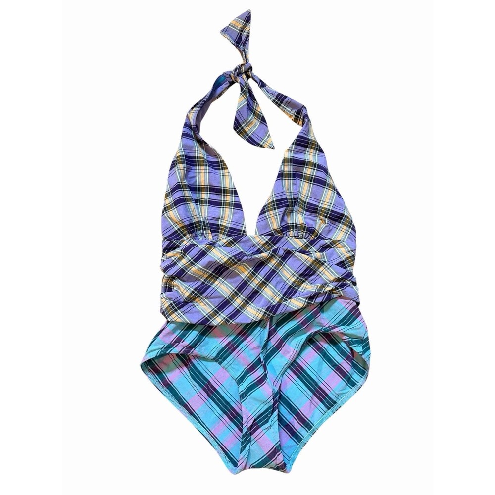 Maison Lejaby Paris Madras Creole Plaid Halter One Piece Swimsuit Small NWT
